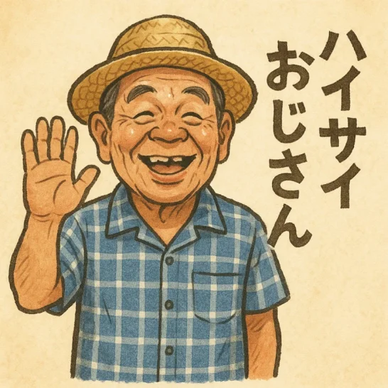 右手を上げて挨拶しているパナマ帽を被った沖縄風のおじさん