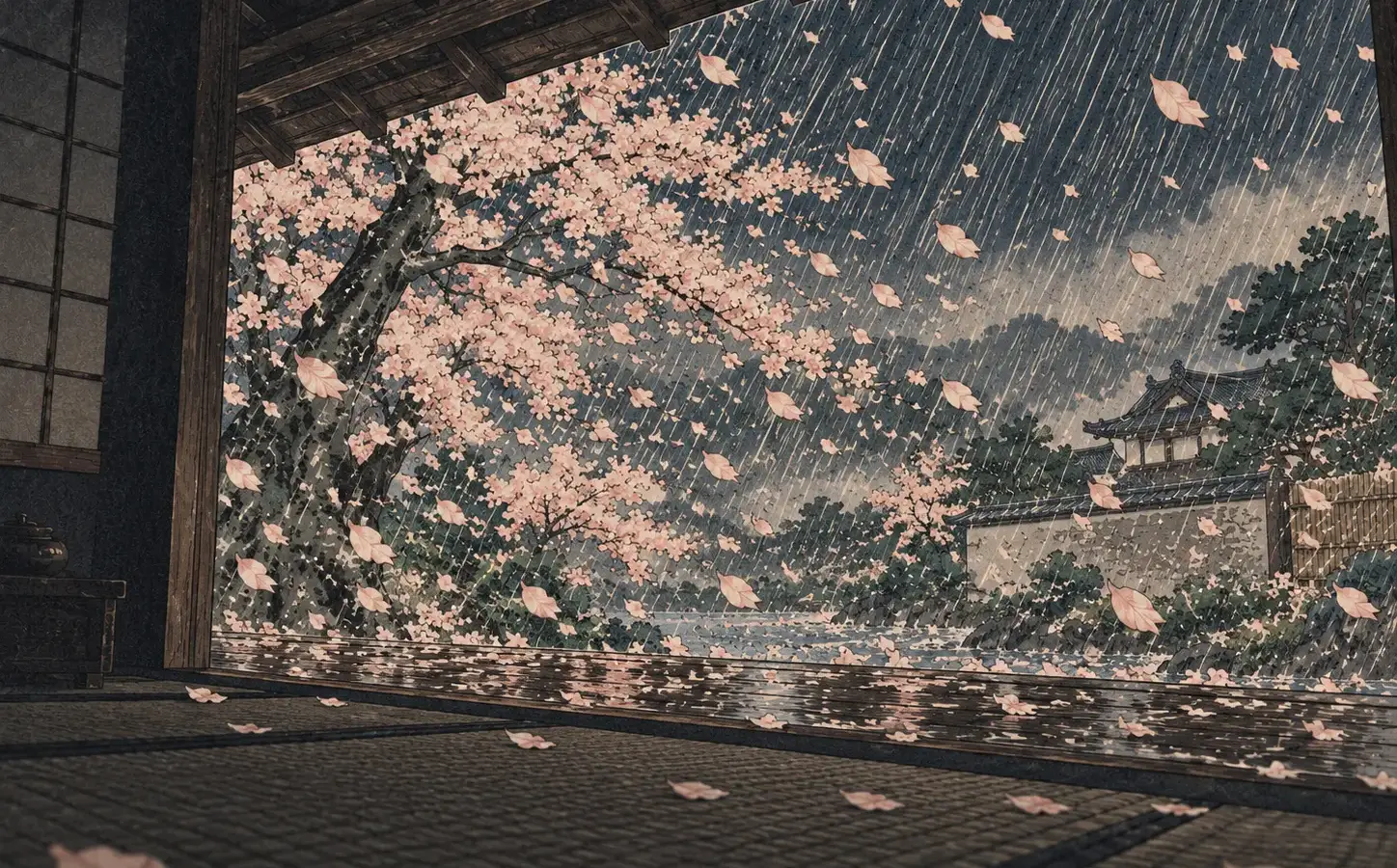 花散らす雨音激し春の宵