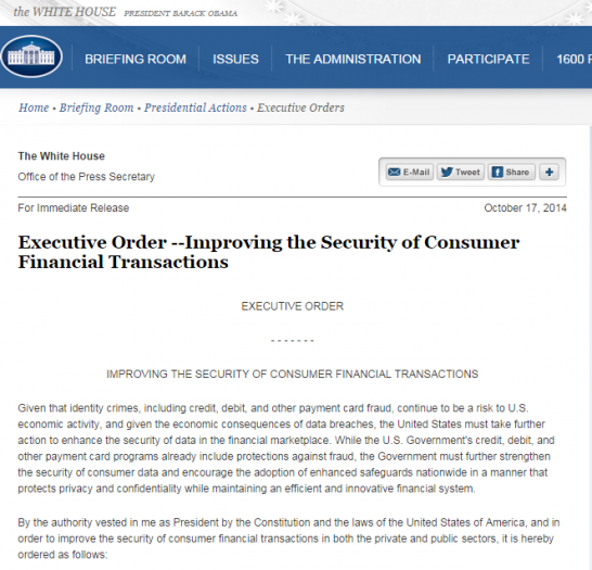 Executive Order Issued to Improve the Security of Consumer Financial Transactions — Including the Adoption of Chip Cards for Credit Cards and Multi-Factor Authentication for Government Websites