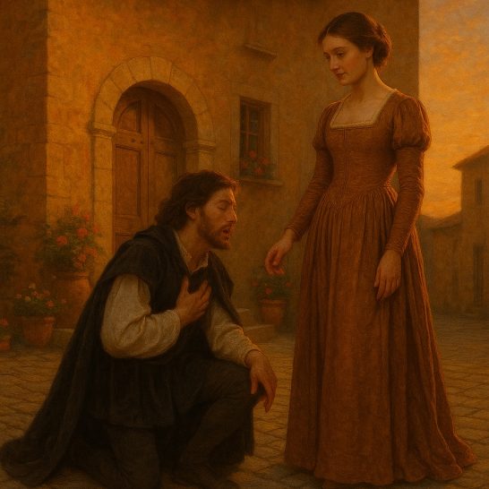 A Renaissance-style scene. In front of a warm-toned Italian country house (terracotta walls, arched wooden door, windows with flowers), a man kneels on one knee, bowing his head deeply, passionately singing. Before him stands a graceful woman in an elegant gown, gazing at him with a mix of hesitation and emotion. The man wears Renaissance-era clothing (white shirt, dark tunic, and cloak), while the woman wears a long noblewoman’s dress from the same period. Soft sunset light bathes the couple, with cobblestone streets and small flower pots in the background. The expressions are full of longing, and the atmosphere is dramatic and romantic.