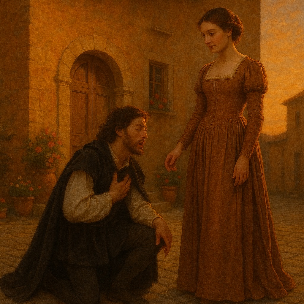 A Renaissance-style scene. In front of a warm-toned Italian country house (terracotta walls, arched wooden door, windows with flowers), a man kneels on one knee, bowing his head deeply, passionately singing. Before him stands a graceful woman in an elegant gown, gazing at him with a mix of hesitation and emotion. The man wears Renaissance-era clothing (white shirt, dark tunic, and cloak), while the woman wears a long noblewoman’s dress from the same period. Soft sunset light bathes the couple, with cobblestone streets and small flower pots in the background. The expressions are full of longing, and the atmosphere is dramatic and romantic.