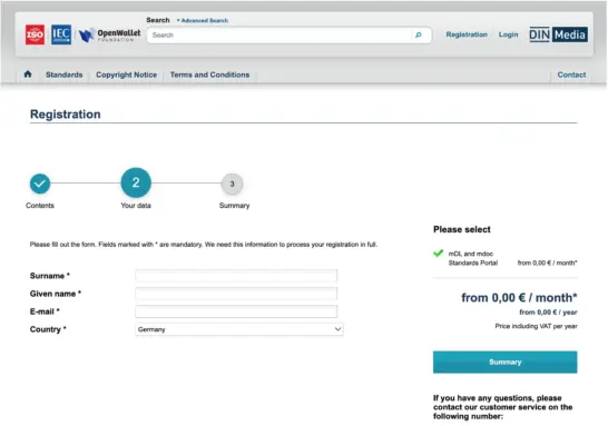 Registration form for dinmedia
